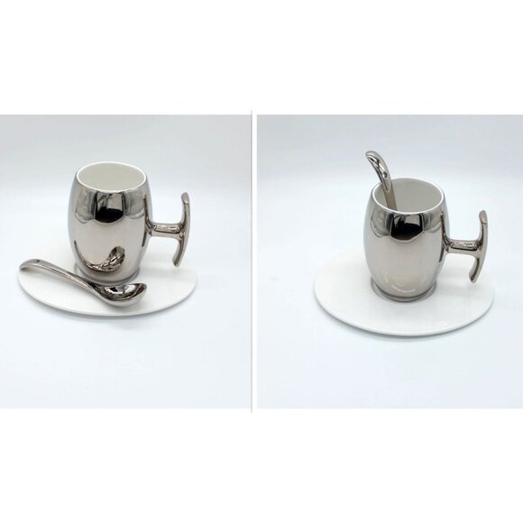 Set of 2 Espresso Cups, Saucers and Spoons by Doulton in Silver